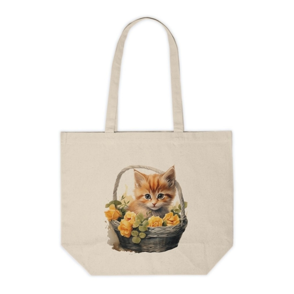 Floral Cat in a Basket Custom Canvas Tote Bag